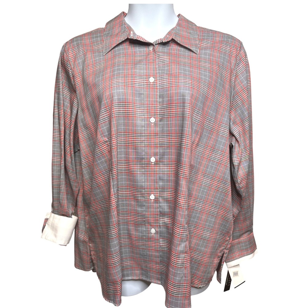 NWT FOXCROFT Womens Gray Red Plaid Button Up Shirt 20W Wrinkle Free Shaped Fit